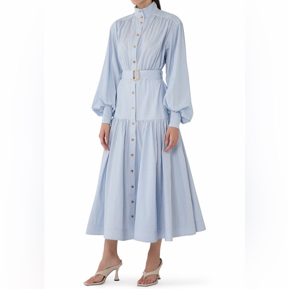 ZIMMERMANN Light Blue Striped Long Sleeve Utility Midi Dress, size 0